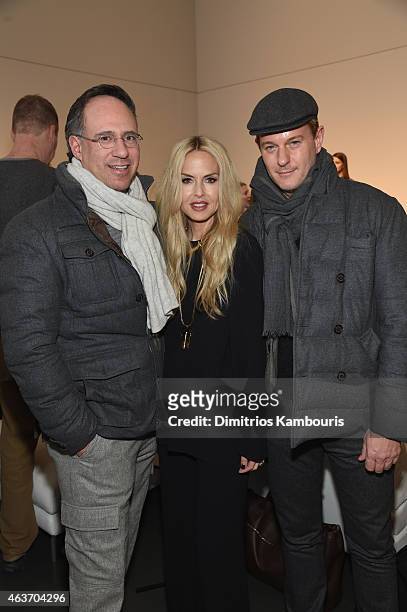 Andrew Saffir, Rachel Zoe and Daniel Benedict pose at the Rachel Zoe presentation during Mercedes-Benz Fashion Week Fall 2015 at Affirmation Arts on...
