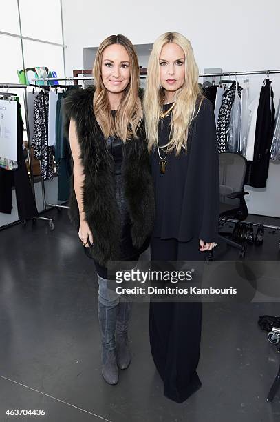 Designer Rachel Zoe and sister Pamela Glassman pose backstage at the Rachel Zoe presentation during Mercedes-Benz Fashion Week Fall 2015 at...