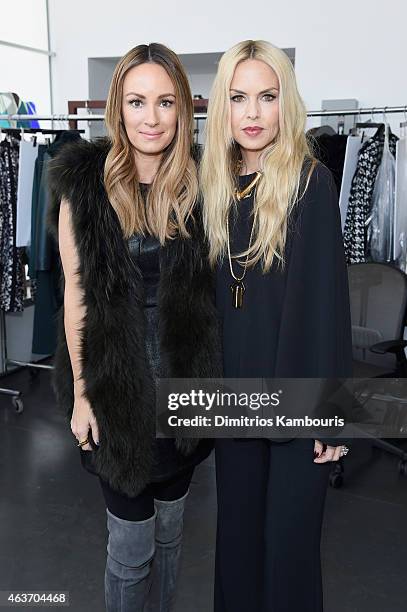 Designer Rachel Zoe and sister Pamela Glassman pose backstage at the Rachel Zoe presentation during Mercedes-Benz Fashion Week Fall 2015 at...