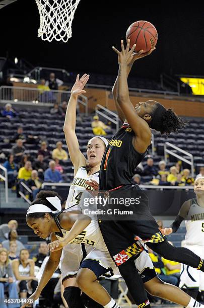 Laurin Mincy of the Maryland Terrapins drives to the hoop against the Michigan Wolverines at Crisler Arena on January 29, 2015 in Ann Arbor, Michigan.