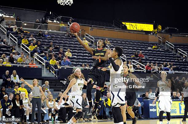 Laurin Mincy of the Maryland Terrapins drives to the hoop against the Michigan Wolverines at Crisler Arena on January 29, 2015 in Ann Arbor, Michigan.