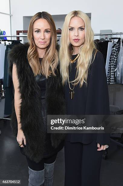 Designer Rachel Zoe and sister Pamela Glassman pose backstage at the Rachel Zoe presentation during Mercedes-Benz Fashion Week Fall 2015 at...