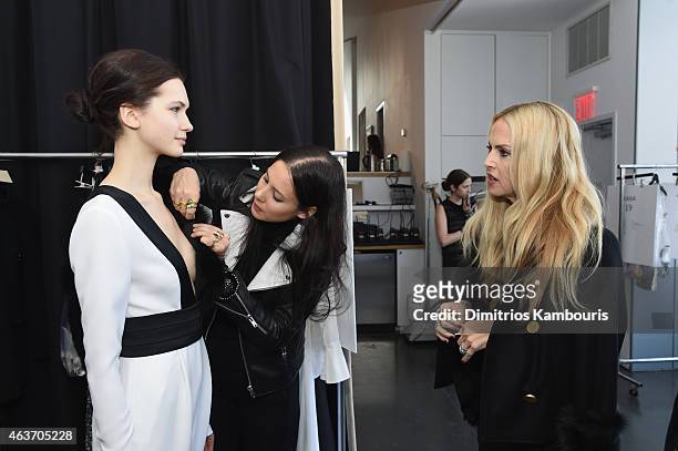 Designer Rachel Zoe and a model pose at the Rachel Zoe presentation during Mercedes-Benz Fashion Week Fall 2015 at Affirmation Arts on February 17,...
