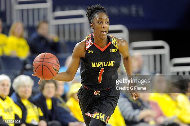Laurin Mincy of the Maryland Terrapins handles the ball against the Michigan Wolverines at Crisler Arena on January 29, 2015 in Ann Arbor, Michigan.