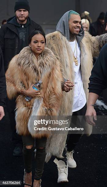 Chris Brown and Karrueche Tran are seen during Mercedes-Benz Fashion Week Fall 2015 at Lincoln Center for the Performing Arts on February 17, 2015 in...