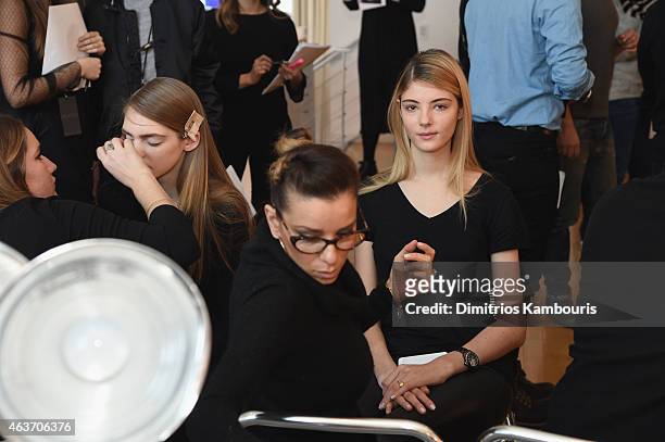 Model prepares at the Rachel Zoe presentation during Mercedes-Benz Fashion Week Fall 2015 at Affirmation Arts on February 17, 2015 in New York City.
