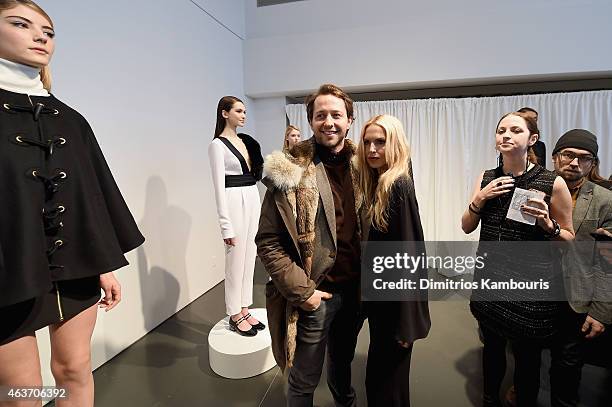 Derek Blasberg and designer Rachel Zoe pose at the Rachel Zoe presentation during Mercedes-Benz Fashion Week Fall 2015 at Affirmation Arts on...