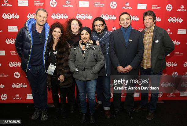 John Battsek, Christina Weiss Lurie, Julie Goldman, Maryam al-Khawaja, Hani Farel, Osama Bensadik and Greg Barker attend the premiere of "We Are The...