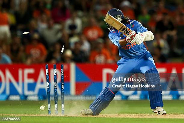 Ishant Sharma of India is bowled out during the first One Day International match between New Zealand and India at McLean Park on January 19, 2014 in...