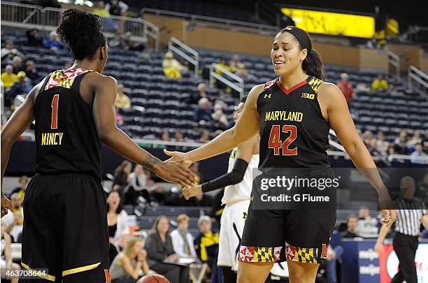 Brionna Jones of the Maryland Terrapins celebrates with Laurin Mincy during the game against the Michigan Wolverines at Crisler Arena on January 29,...