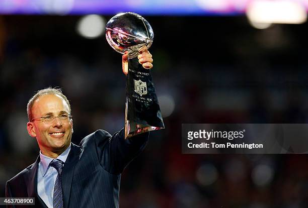 Jonathan Kraft, president of the New England Patriots and son of team owner Robert Kraft, holds the Vince Lombardi Trophy after defeating the Seattle...