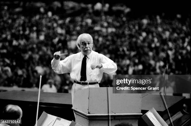 Arthur Fiedler conducts the Boston Pops at the Hatch Shell, Boston, Massachusetts, 1972.