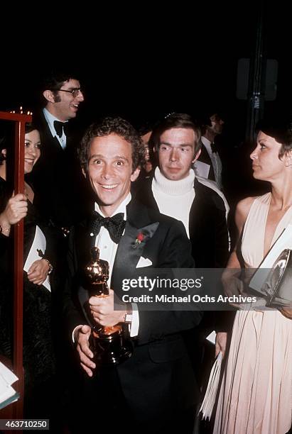 Actor Joel Grey and wife Jo Wilder at the Academy Awards on March 27, 1973 at the Dorothy Chandler Pavilion in Los Angeles, California.