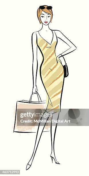 stockillustraties, clipart, cartoons en iconen met woman carrying shopping bag - mouwloze jurk