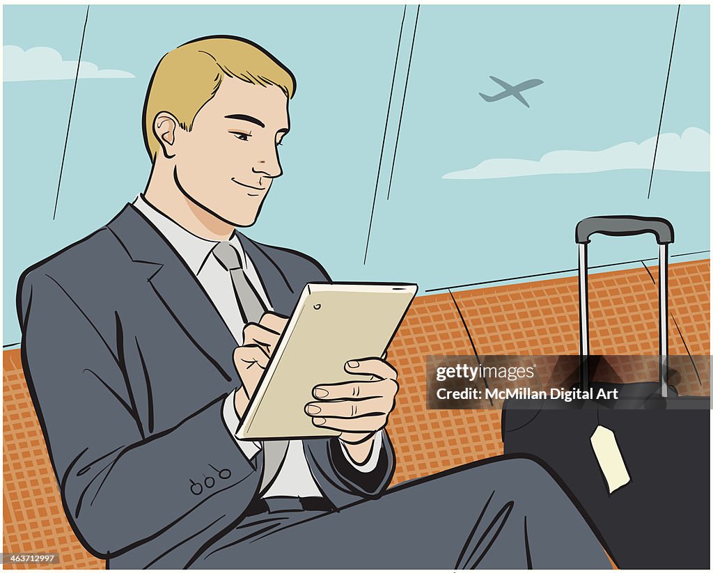 Man using digital tablet in airport