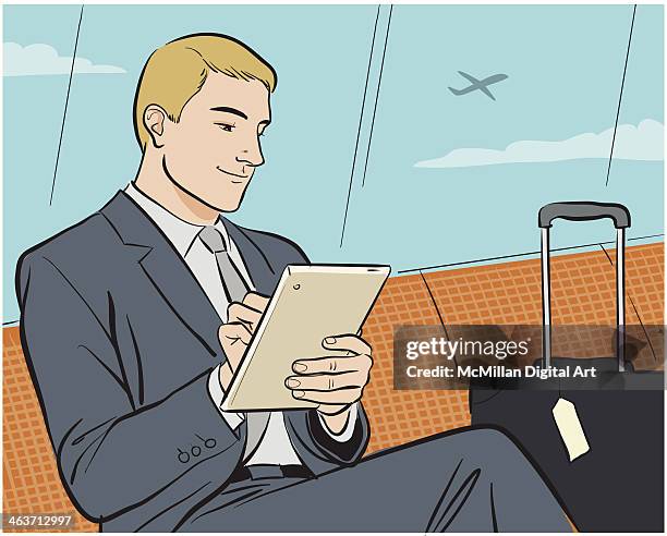 man using digital tablet in airport - inside airplane vector stock illustrations