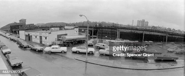 Cars line up at filling station during gas crisis, Jamaica Plain, Boston, Massachusetts, 1973.