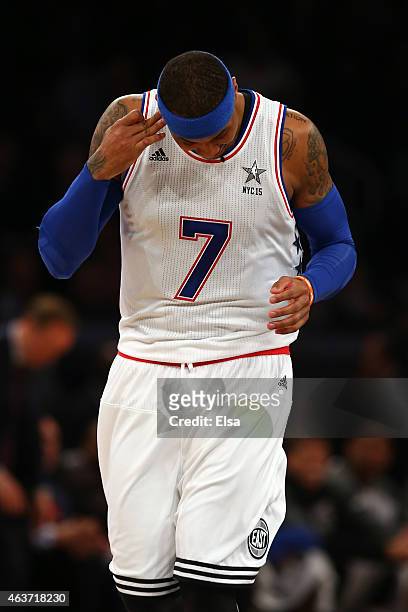 Carmelo Anthony of the New York Knicks and the Eastern Conference reacts during the 2015 NBA All-Star Game at Madison Square Garden on February 15,...