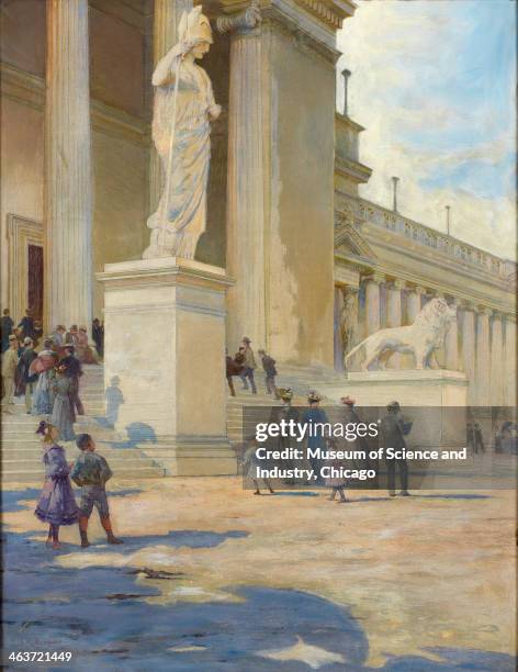 An image of an oil painting by Edwin Howland Blashfield from 1893 depicting the north entrance of the Palace of Fine Arts at the World's Columbian...