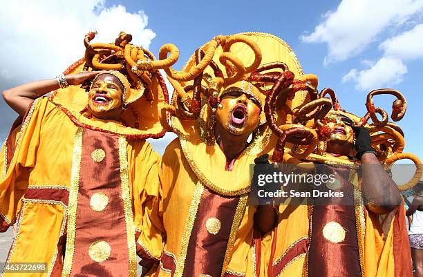 Masqueraders from the 'Dis Living Maskerade' by Mas Passion perform in the Queen's Park Savannah during the Parade of Bands as part of Trinidad and...