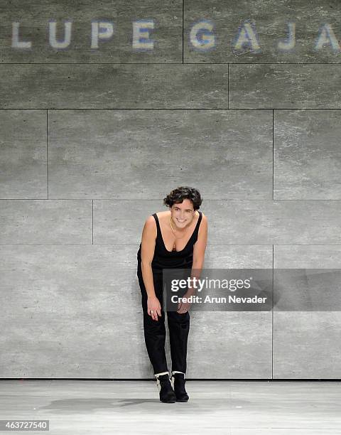 Designer Lupe Gajardo walks the runway at the Lupe Gajardo fashion show during Mercedes-Benz Fashion Week Fall 2015 at The Pavilion at Lincoln Center...