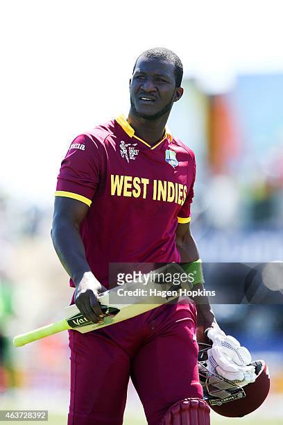Darren Sammy of the West Indies looks on after being dismissed during the 2015 ICC Cricket World Cup match between the West Indies and Ireland at...