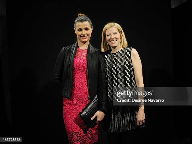 Actress Bridget Moynahan and Designer Lela Rose backstage at the Lela Rose fashion show during Mercedes-Benz Fashion Week Fall 2015 at The Pavilion...