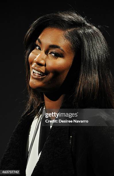 Model Sessilee Lopez poses backstage at the Lela Rose fashion show during Mercedes-Benz Fashion Week Fall 2015 at The Pavilion at Lincoln Center on...