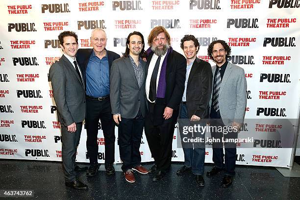 Andy Blankenbuehler, Ron Chernow, Lin-Manuel Miranda , Oskar Eustis, Thomas Kail and Alex Lacamoire attend "Hamilton" Opening Night at The Public...