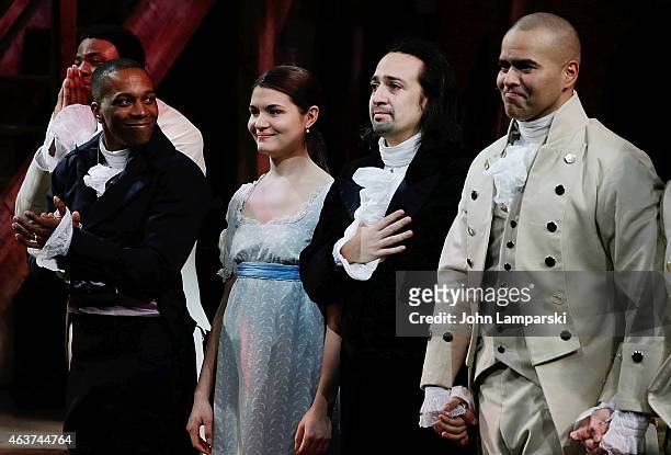 Leslie Odom Jr., Phillipa Soo, Lin-Manuel Miranda and Christopher Jackson attend "Hamilton" Opening Night at The Public Theater on February 17, 2015...