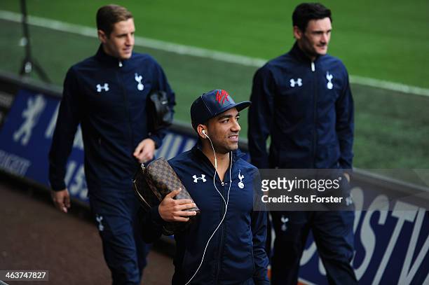 Spurs player Aaron Lennon and team mates arrive at the ground before the Barclays premier league match between Swansea City and Tottenham Hotspur at...