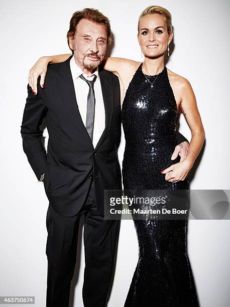 French actor and singer Johnny Hallyday and wife Laeticia Hallyday pose for a portrait at the 17th Costume Designers Guild Awards on February 17,...