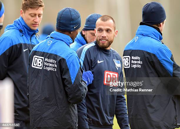 Salomon Kalou and John Heitinga of Hertha BSC chat during the training of Hertha BSC on february 18, 2015 in Berlin, Germany.