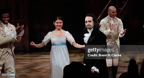 Author/Composer/Lyricist and Actor Lin-Manuel Miranda is seen at the curtain call during the opening night celebration of "Hamilton" at The Public...