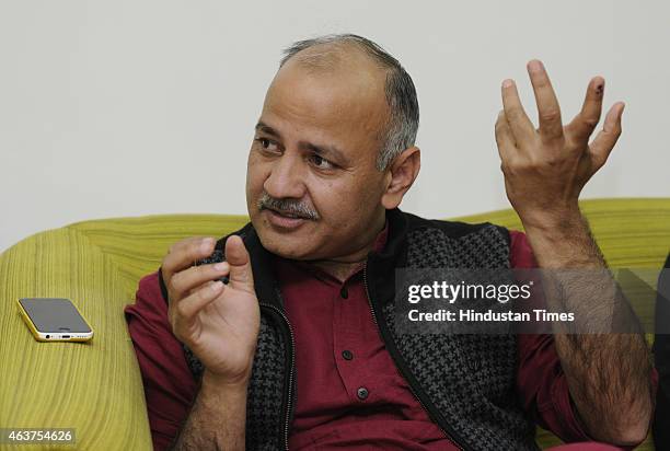 Deputy Chief Minister of Delhi, Manish Sisodia talking with media persons during an interview with Hindustan Times at Delhi Secretariat on February...