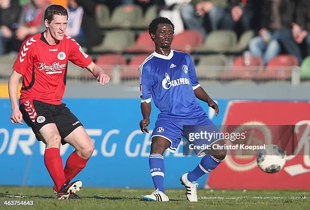 Anthony Annan of Schalke challenges Robert Flessers of Oberhausen during the friendly match between RW Oberhausen and FC Schalke 04 at Niederrhein...