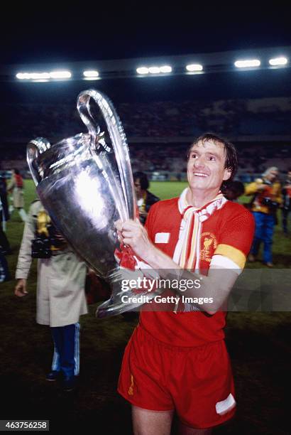 Liverpool captain Phil Thompson parades the trophy after their 1-0 victory over Real Madrid to win the 1981 European Cup Final at the Parc de Princes...