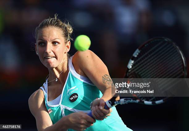 Karolina Pliskova of the Czech Republic in action in her match against Ana Ivanovic of Serbia during day four of the WTA Dubai Duty Free Tennis...
