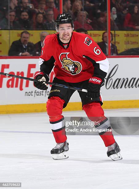 Mark Stone of the Ottawa Senators skates against the Edmonton Oilers at Canadian Tire Centre on February 14, 2015 in Ottawa, Ontario, Canada.
