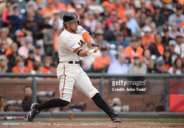 Hunter Pence of the San Francisco Giants bats during Game 3 of the NLCS against the St. Louis Cardinals at AT&T Park on Tuesday, October 14, 2014 in...