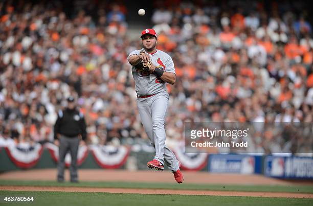 Jhonny Peralta of the St. Louis Cardinals throws to first base during Game 3 of the NLCS against the San Francisco Giants at AT&T Park on Tuesday,...