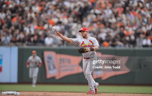 Jhonny Peralta of the St. Louis Cardinals throws to first base during Game 3 of the NLCS against the San Francisco Giants at AT&T Park on Tuesday,...