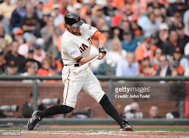 Hunter Pence of the San Francisco Giants bats during Game 3 of the NLCS against the St. Louis Cardinals at AT&T Park on Tuesday, October 14, 2014 in...