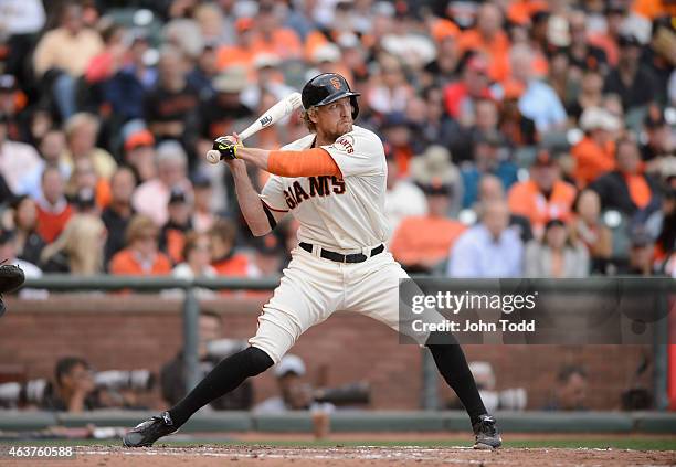 Hunter Pence of the San Francisco Giants bats during Game 3 of the NLCS against the St. Louis Cardinals at AT&T Park on Tuesday, October 14, 2014 in...