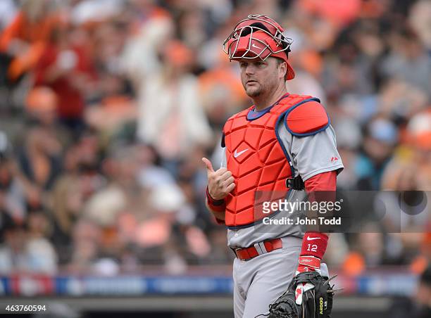 Pierzynski of the St. Louis Cardinals looks on during Game 3 of the NLCS against the San Francisco Giants at AT&T Park on Tuesday, October 14, 2014...