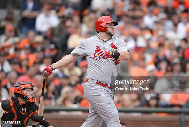 Matt Adams of the St. Louis Cardinals bats during Game 3 of the NLCS against the San Francisco Giants at AT&T Park on Tuesday, October 14, 2014 in...