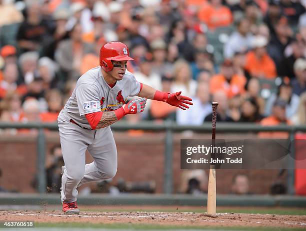 Kolten Wong of the St. Louis Cardinals runs to first base during Game 3 of the NLCS against the San Francisco Giants at AT&T Park on Tuesday, October...