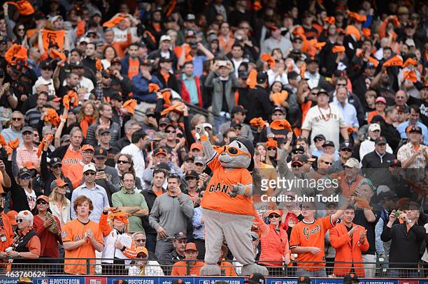 San Francisco Giants mascot Lou Seal pumps up the crowd during Game 3 of the NLCS against the St. Louis Cardinals at AT&T Park on Tuesday, October...