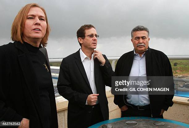 Israeli Labour Party leader Isaac Herzog , former justice minister and Hatnuah party leader Tzipi Livni and and former defence minister Amir Peretz...