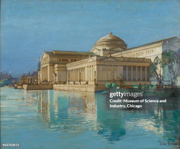 An image of a painting by American Impressionist artist Frederick Childe Hassam depicting the south facade of Palace of Fine Arts building and lagoon...